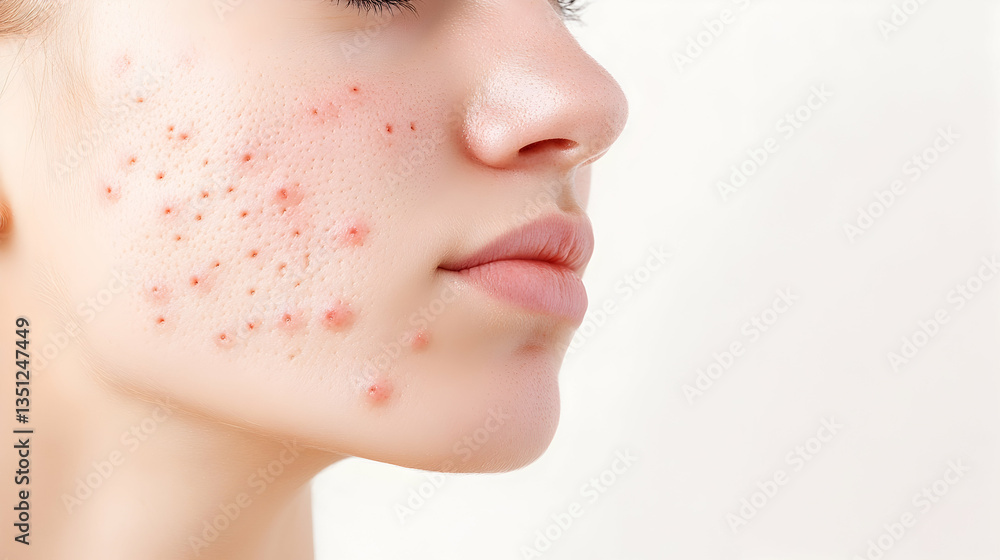 Close-up profile of young woman's face showing acne; white background; skincare treatment Close-up profile of young woman's face showing acne; white background; skincare treatment
