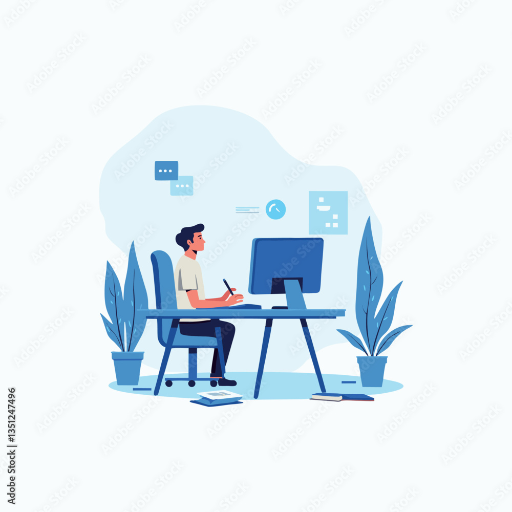 illustration of business in the office and a computer sitting illustration of business in the office and a computer sitting