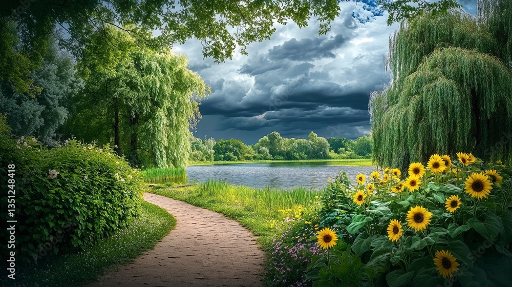 Obraz premium Serene Garden Path Leading to a Calm Lake Under a Dramatic Sky