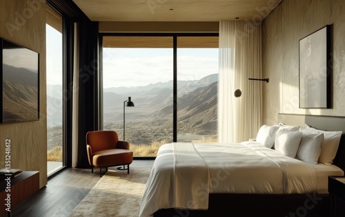 Luxury apartment interior with comfortable bedroom, lounge, and elegant hotel room design