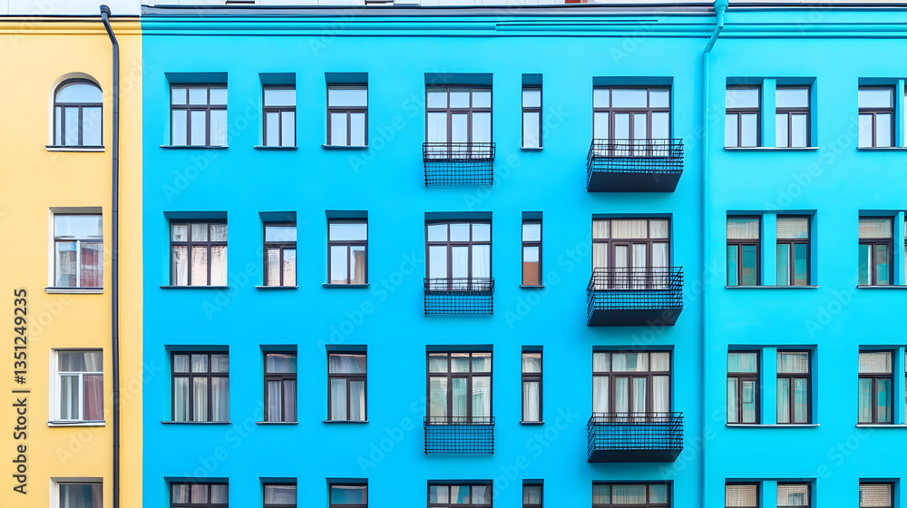 Fototapeta premium Colorful city apartment building facade, windows, balconies, urban architecture, real estate