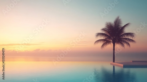 Minimalist poolside with a palm tree silhouette, warm golden light reflecting on the water