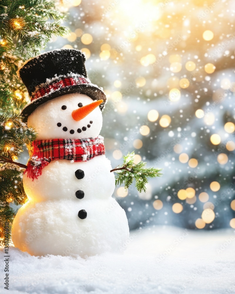 A cheerful snowman stands proudly in a blanket of fresh, white snow, adorned with a bright red scarf and a classic top hat, surrounded by glistening snowflakes falling gently from the sky. A cheerful snowman stands proudly in a blanket of fresh, white snow, adorned with a bright red scarf and a classic top hat, surrounded by glistening snowflakes falling gently from the sky.