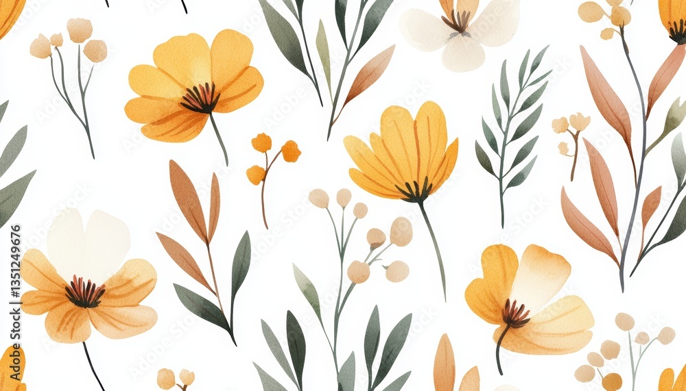 custom made wallpaper toronto digitalA vibrant pattern of yellow and white flowers with green leaves, creating a fresh and cheerful botanical design.