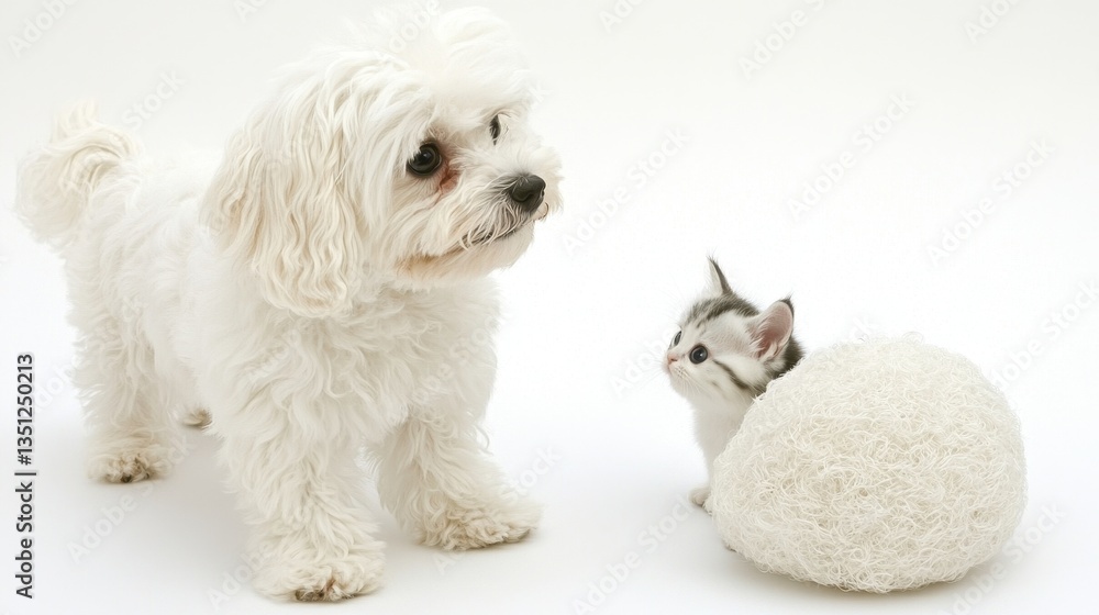 Fototapeta premium A playful small white dog with fluffy fur and bright eyes sits beside an equally small white cat with soft, sleek fur, both looking curiously at the camera in a cozy living room setting.