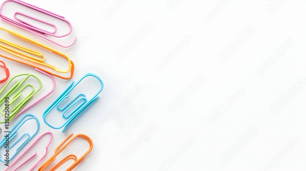 Colorful paper clips arranged on white background, copy space, office supplies, stationery Colorful paper clips arranged on white background, copy space, office supplies, stationery