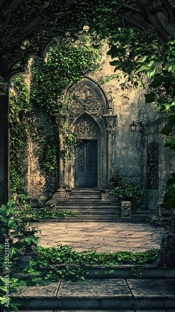 Obraz premium Enchanted Courtyard Garden Scene with Lush Greenery and Mystical Door