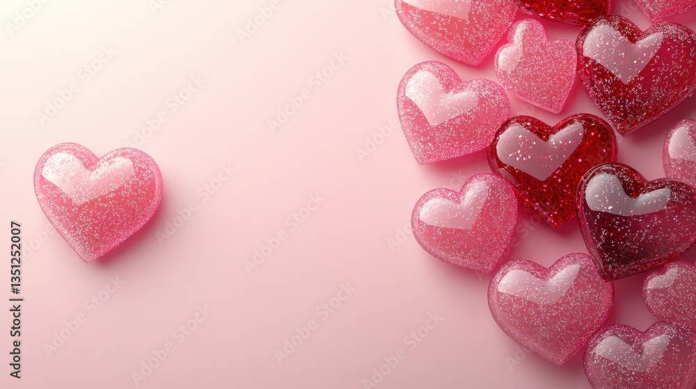 A Beautiful Arrangement of Shiny Heart-Shaped Candy Hearts Against a Soft Pink Background A Beautiful Arrangement of Shiny Heart-Shaped Candy Hearts Against a Soft Pink Background