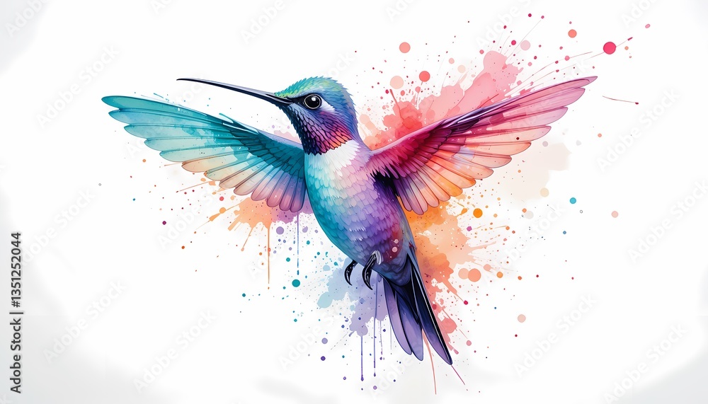 Obraz premium Colorful Hummingbird Watercolor Painting, Vibrant hummingbird in watercolor with paint splatters
