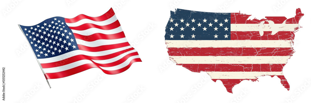 Obraz premium Waving flag & US map. Patriotism graphic isolated on white or transparent