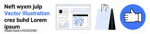 Digital dashboard with charts, two shopping bags, and a thumbs-up icon representing analytics, shopping, efficiency, social approval, success, feedback, ideal for a simple landing page