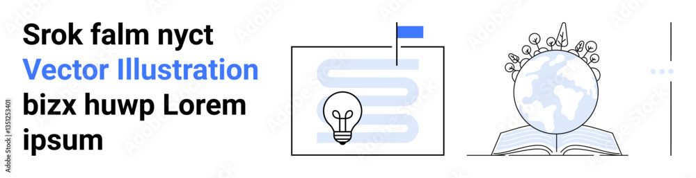 Lightbulb over pathway with flag symbolizing innovation and progress, globe with laurels on open book reflecting knowledge and education. Ideal for business, creativity, learning, digital media