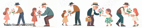 vector grandfather giving flowers to girl