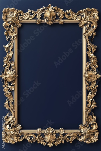 Luxurious frame with golden Baroque border on deep navy background