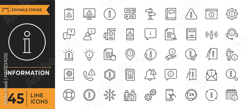 Information icon set. Contains call center, faq, Info help desk, question mark, search information, customer help service, manual, rule, instruction and more. Vector illustration