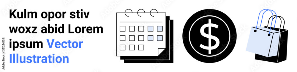 Calendar icon for scheduling, dollar sign for finance, and shopping bag for retail. Ideal for business, planning, finance, shopping, marketing e-commerce and budgeting. Flat landing page banner Calendar icon for scheduling, dollar sign for finance, and shopping bag for retail. Ideal for business, planning, finance, shopping, marketing e-commerce and budgeting. Flat landing page banner