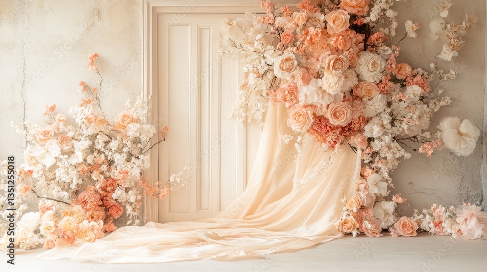 Soft peach and cream-toned flower door with flowing silk ribbons for a luxurious feel. Soft peach and cream-toned flower door with flowing silk ribbons for a luxurious feel.