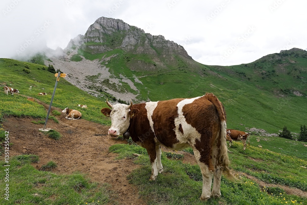 Cows graze in the Alpine meadows near Schynige Platte. Switzerland. Europe. Cows graze in the Alpine meadows near Schynige Platte. Switzerland. Europe.