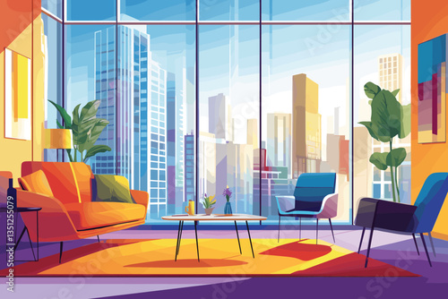Elegant interior of a modern living room with a sofa, armchair, and coffee table in a flat vector cartoon illustration style. Interior design of a beautiful home office space with large windows.