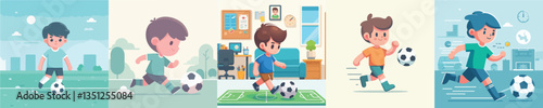 set of vector boys playing ball