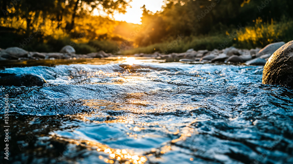 Fototapeta premium Majestic river with water flowing gracefully through the lush green landscape illuminated by the golden sunrise light.