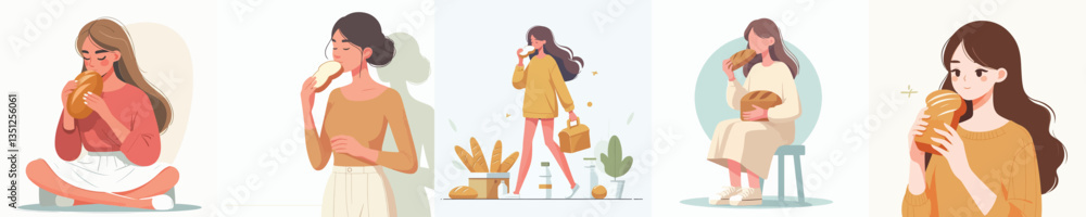 vector set of women eating bread vector set of women eating bread