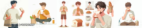 vector set of young men eating bread