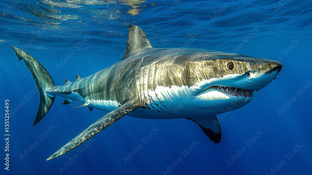 Fototapeta premium Sleek megalodon glides through deep waters, contrasting with a bulky silhouette in the background, embodying elegance and power.