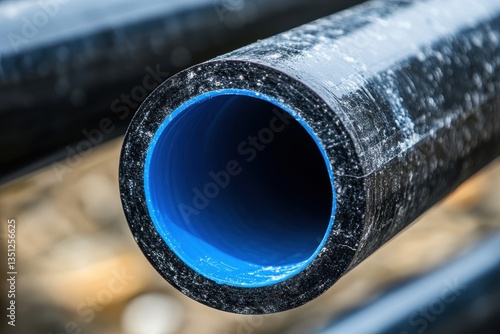 A close-up shows a black pipe with a smooth, bright blue inner lining. It is useful for infrastructure, plumbing, or industrial applications.