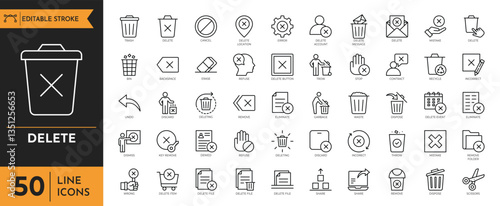 Delete icon set. Containing delete button, trash, undo, throw, remove, and more. Vector illustration
