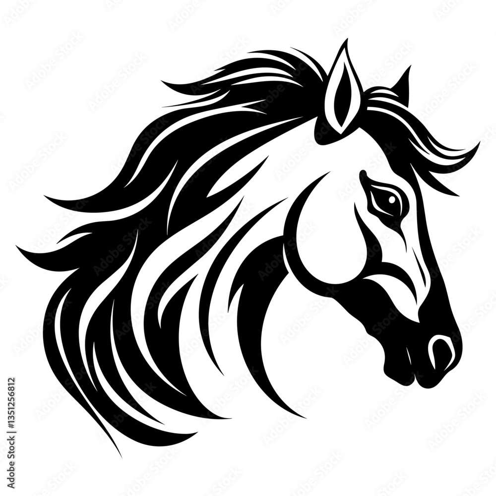 Fototapeta premium Stylized horse head illustration in black and white, perfect for logos, tattoos, and graphic design projects.