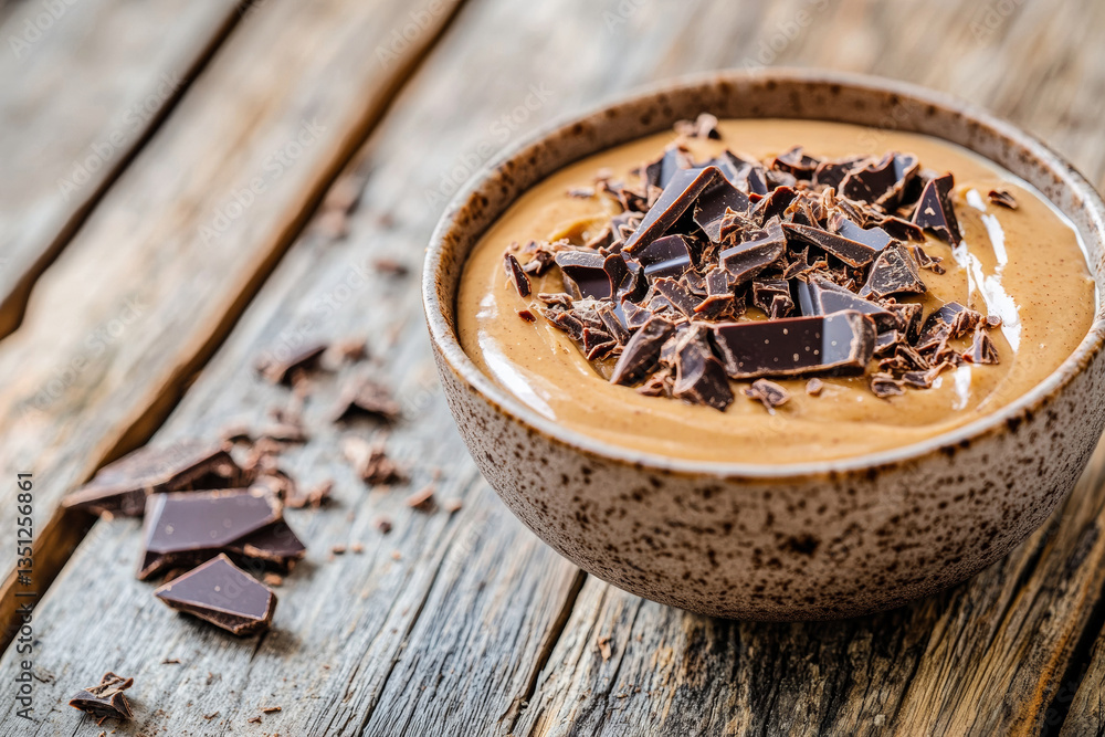 Creamy peanut butter dessert with chocolate and crumble topping in ceramic bowl Creamy peanut butter dessert with chocolate and crumble topping in ceramic bowl
