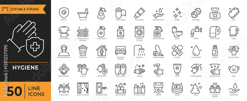 Hygiene icon set. Containing cleaning, disinfection, soap, bathing, sweep, shower, washing hands, clean and sanitation icons. Vector illustration