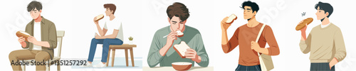 vector set of young men eating bread