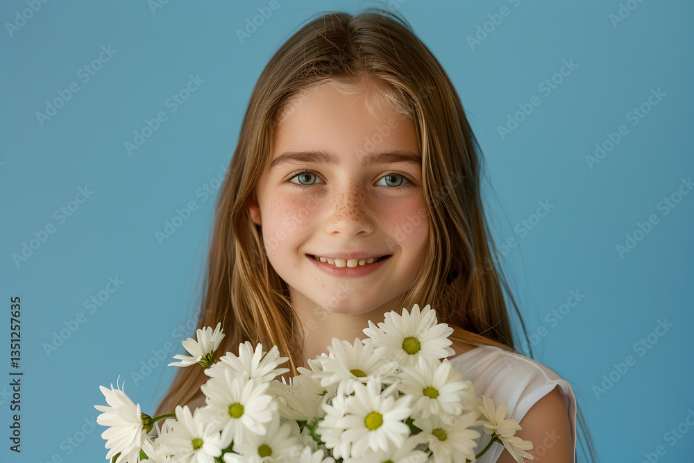 Portrait of a beautiful smiling Caucasian girl with long hair, holding a bouquet of white daisies in front of her on a blue background Portrait of a beautiful smiling Caucasian girl with long hair, holding a bouquet of white daisies in front of her on a blue background