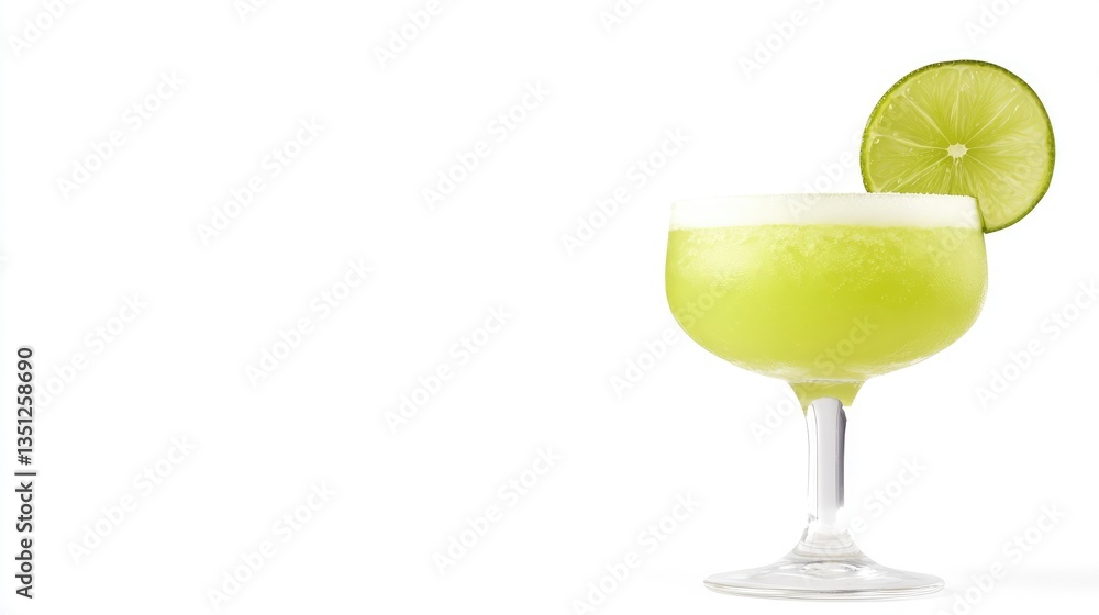 Refreshing lime cocktail garnished with a slice of lime, set against a clean white background Refreshing lime cocktail garnished with a slice of lime, set against a clean white background