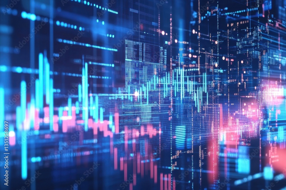 Abstract digital illustration of data visualization with vibrant lines, graphs, and futuristic technology elements in blue and pink hues Abstract digital illustration of data visualization with vibrant lines, graphs, and futuristic technology elements in blue and pink hues