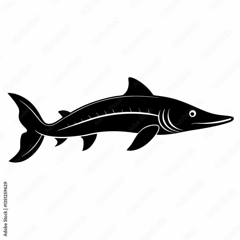 Russian Sturgeon Black Silhouette Vector on White Background Russian Sturgeon Black Silhouette Vector on White Background
