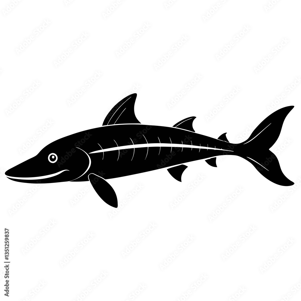 Russian Sturgeon Black Silhouette Vector on White Background Russian Sturgeon Black Silhouette Vector on White Background