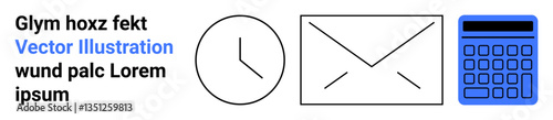 Clock symbolizing time management, envelope for communication, and calculator for finance on a clean layout. Ideal for productivity, finance, time tracking, corporate, planning, communication tools