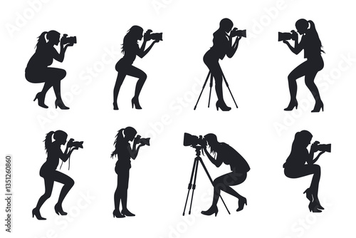 set of female Photographers with camera various poses black silhouette collection.