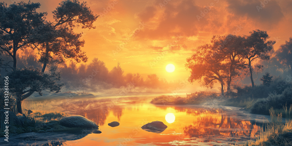 Obraz premium Peaceful Frozen Morning Scene as the Early Sun Rises to Gently Warm the Still and Silent Landscape sunset in the forest