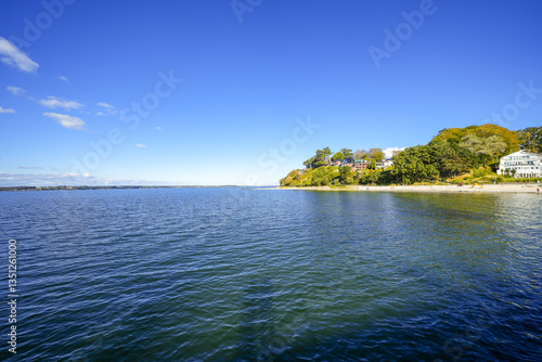 Fototapeta Naklejka Na Ścianę i Meble -  View of the beach in the Baltic Sea town of Glücksburg. Landscape on the Flensburg Fjord.
