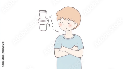Upset boy, stomach ache, toilet, home, illness illustration