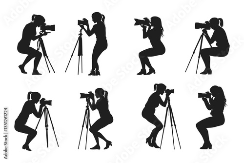 set of female Photographers with camera various poses black silhouette collection.