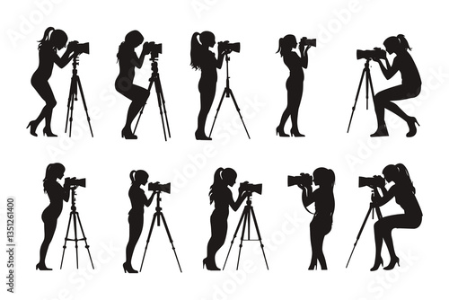 set of female Photographers with camera various poses black silhouette collection.