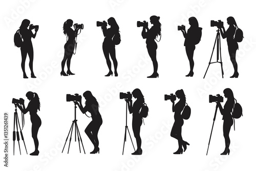set of female Photographers with camera various poses black silhouette collection.