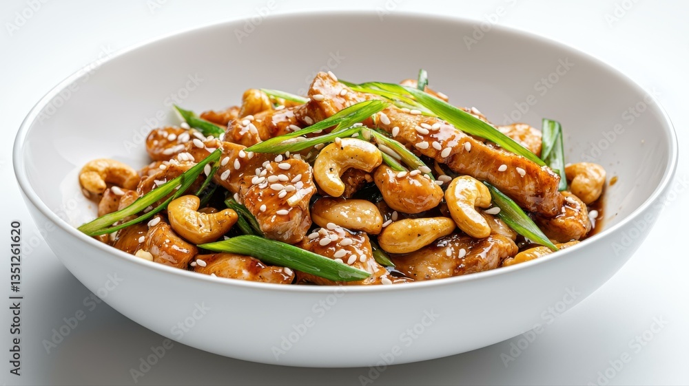Delicious cashew chicken stir-fry with green onions and sesame seeds in a white bowl. Delicious cashew chicken stir-fry with green onions and sesame seeds in a white bowl.