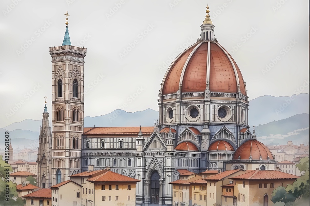 Obraz premium Majestic Renaissance Cathedral with Grand Dome Overlooking a Historic European Cityscape in Soft Morning Light.