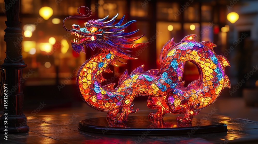 Fototapeta premium reate a photorealistic 3D render of a dragon-shaped salon lamp, adorned with vibrant neon psychedelic jewels, emphasizing the interplay of light and shadow on its multifaceted surface